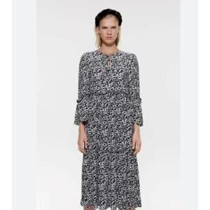 Zara Tiered Black & White Floral Print Midi Dress Size M Boho Cottagecore